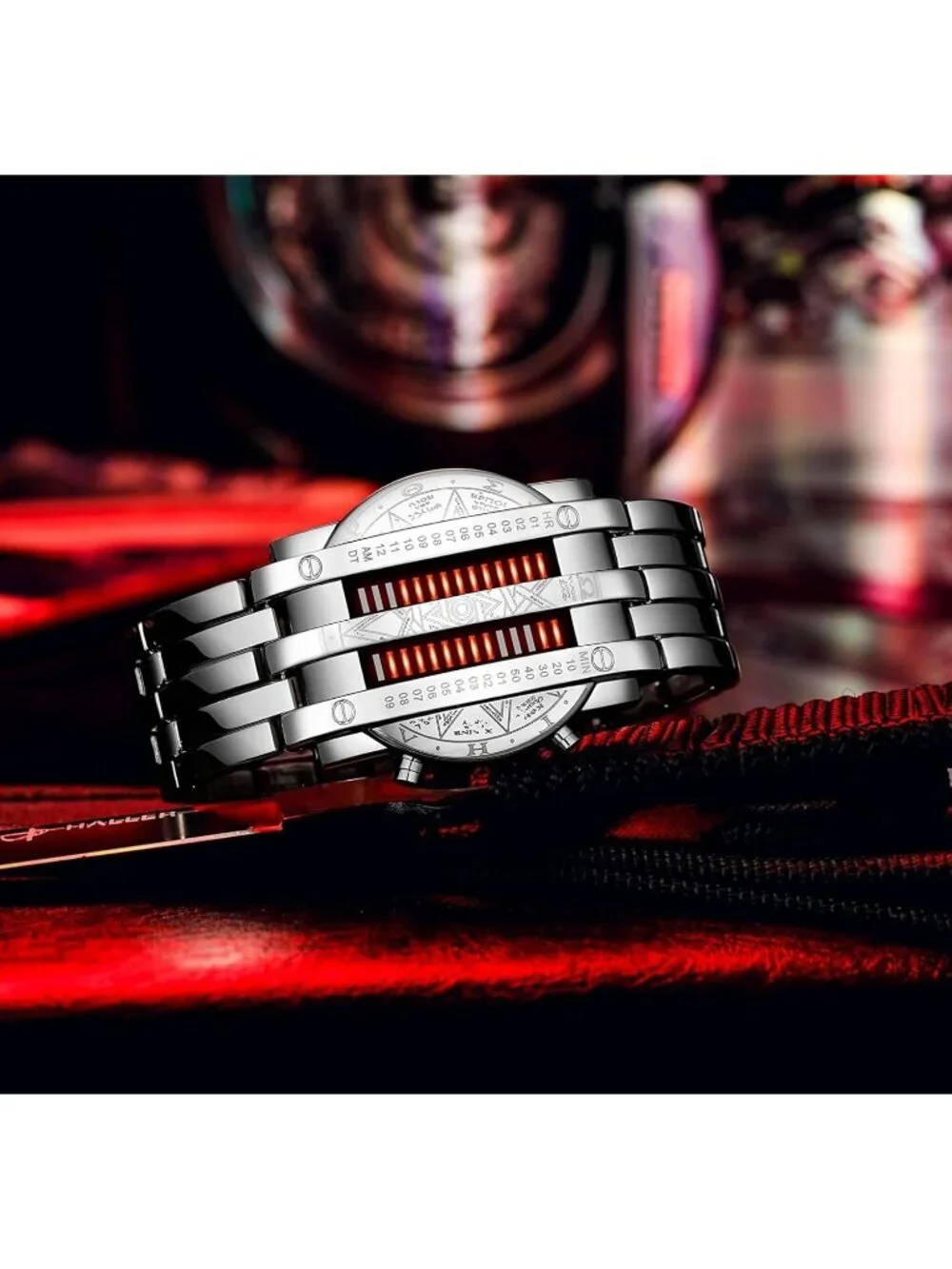 Mens Silver Orange Analog Quartz Bracelet Waterproof Binary Matrix Digital Watch